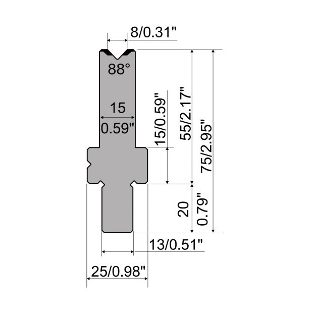 Die R2 type with Working height=55mm, α=88°, Radius=0,5mm, Material=42Cr, Max. load=1100kN/m.