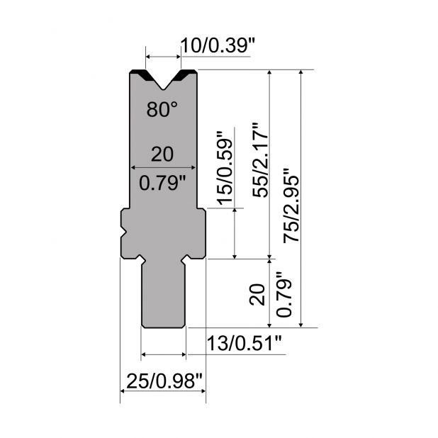 Die R2 type with Working height=55mm, α=80°, Radius=1mm, Material=42Cr, Max. load=1100kN/m.