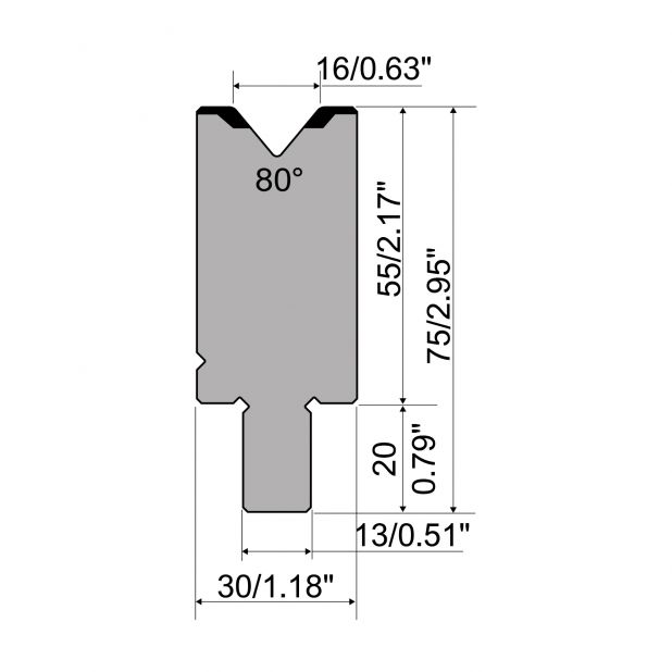 Die R2 type with Working height=55mm, α=80°, Radius=2mm, Material=42Cr, Max. load=1200kN/m.