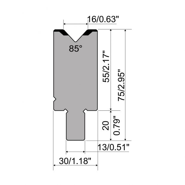 Die R2 type with Working height=55mm, α=85°, Radius=2mm, Material=42Cr, Max. load=1200kN/m.