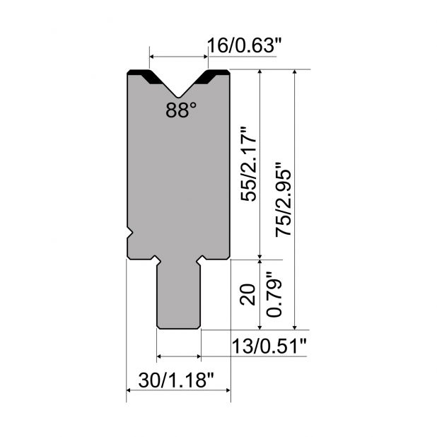 Die R2 type with Working height=55mm, α=88°, Radius=2mm, Material=42Cr, Max. load=1200kN/m.