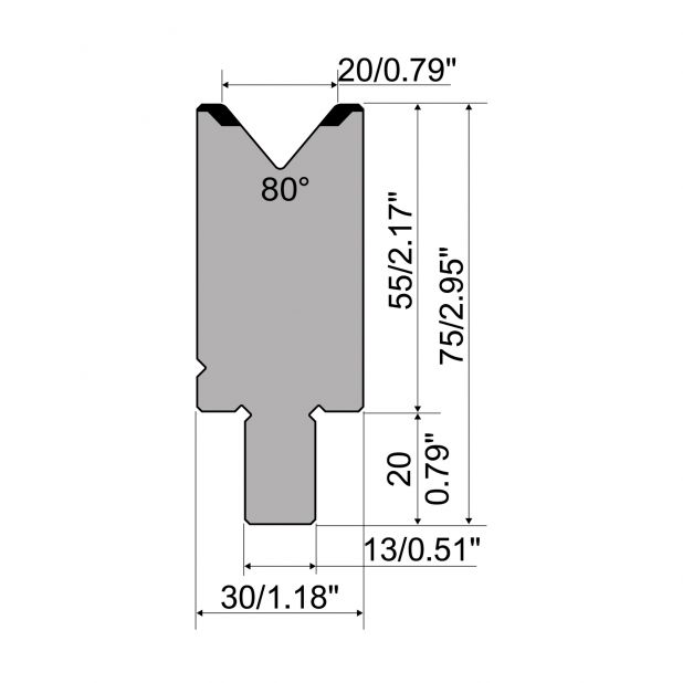 Die R2 type with Working height=55mm, α=80°, Radius=2mm, Material=42Cr, Max. load=1100kN/m.