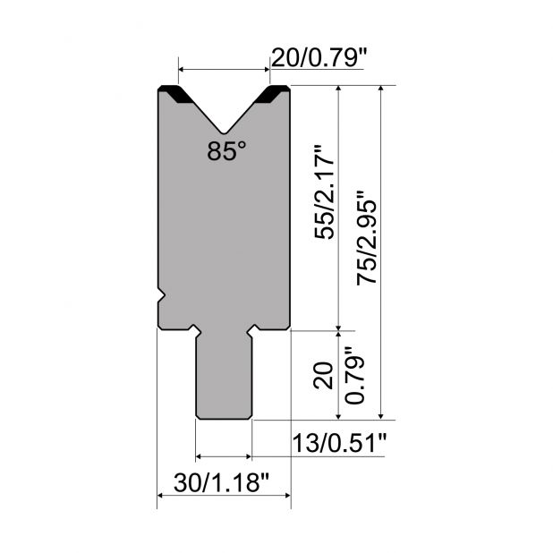 Die R2 type with Working height=55mm, α=85°, Radius=2mm, Material=42Cr, Max. load=1100kN/m.