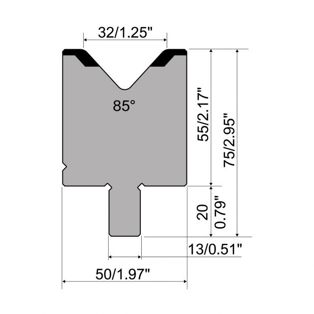 Die R2 type with Working height=55mm, α=85°, Radius=4mm, Material=42Cr, Max. load=1200kN/m.