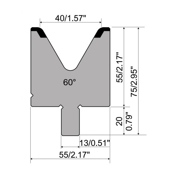 Die R2 type with Working height=55mm, α=60°, Radius=5mm, Material=42Cr, Max. load=1300kN/m.