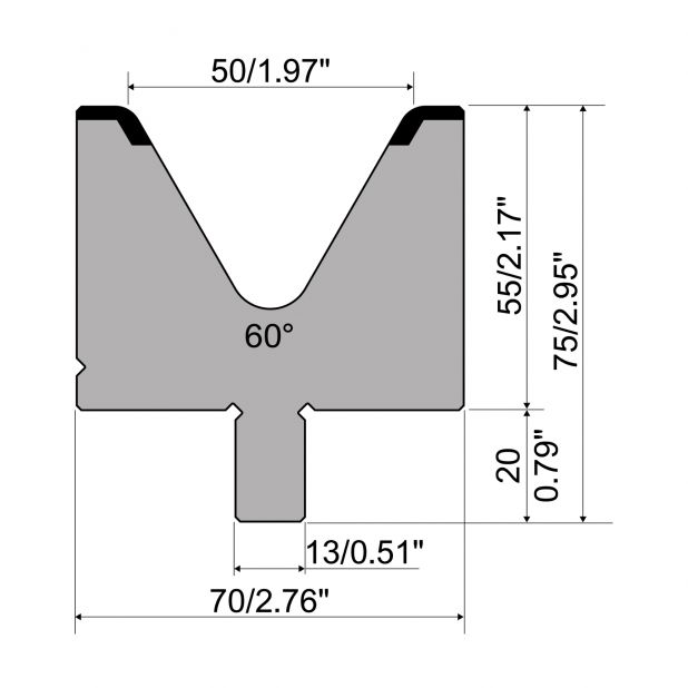 Die R2 type with Working height=55mm, α=60°, Radius=5mm, Material=42Cr, Max. load=1200kN/m.