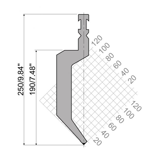 Punch R3 RFA type with Working height=190mm, α=85°, Radius=1,5mm, Material=42cr, Max. load=900kN/m.