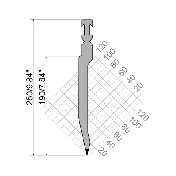 Punch R3 RFA type with Working height=190mm, α=30°, Radius=1mm, Material=42cr, Max. load=750kN/m.