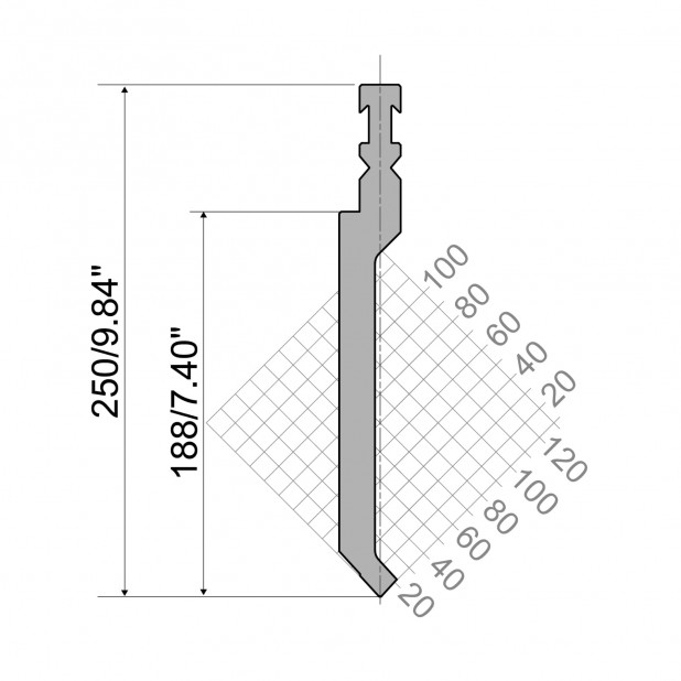 Punch R3 RFA type with Working height=190mm, α=85°, Radius=1mm, Material=42cr, Max. load=1400kN/m