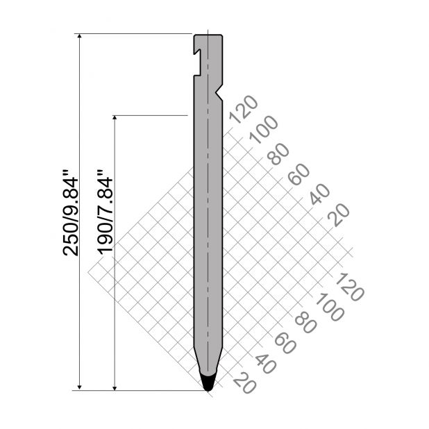 Punch R3 RFA type with Working height=190mm, α=30°, Radius=3mm, Material=42cr, Max. load=1400kN/m.