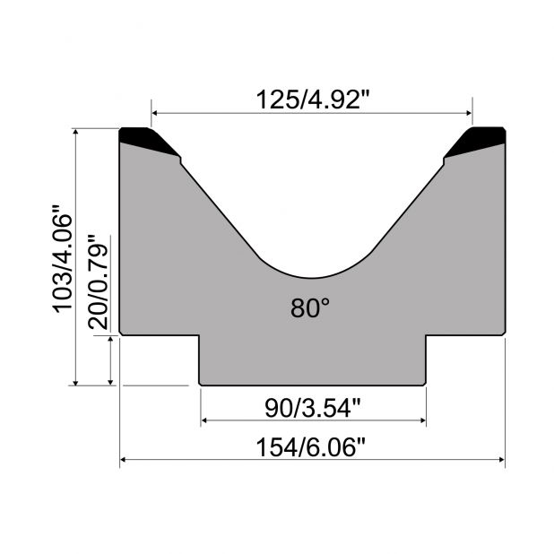 1-V die R1 European type with height=103mm, α=80°, Radius=15mm, Material=C45, Max. load=1000kN/m.