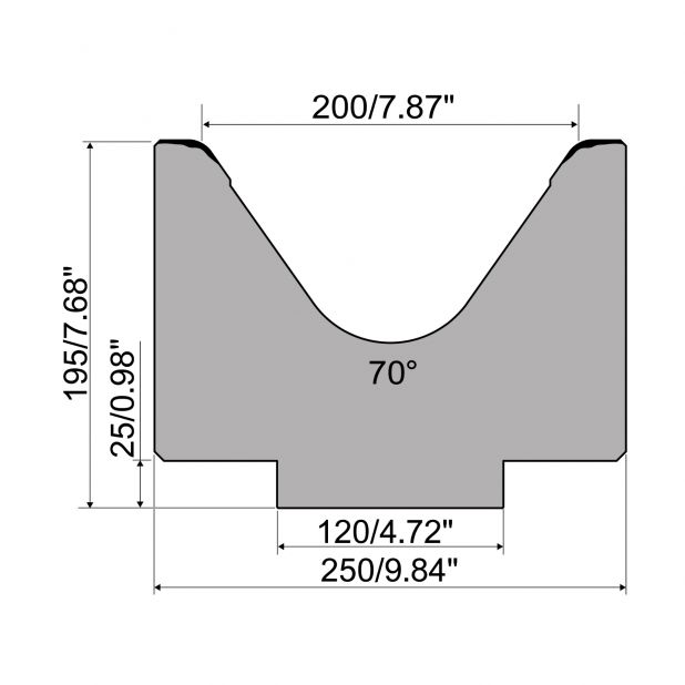 1-V die R1 European type with height=195mm, α=70°, Radius=15mm, Material=42Cr, Max. load=1800kN/m.