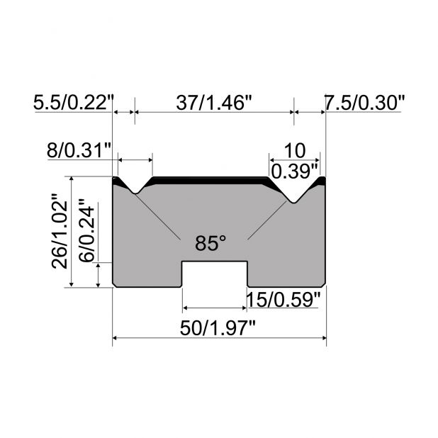 Self centering 2-V die R1 European type with height=26mm, α=85°, Radius=0.5/0.8mm, Material=C45, Max. load=1