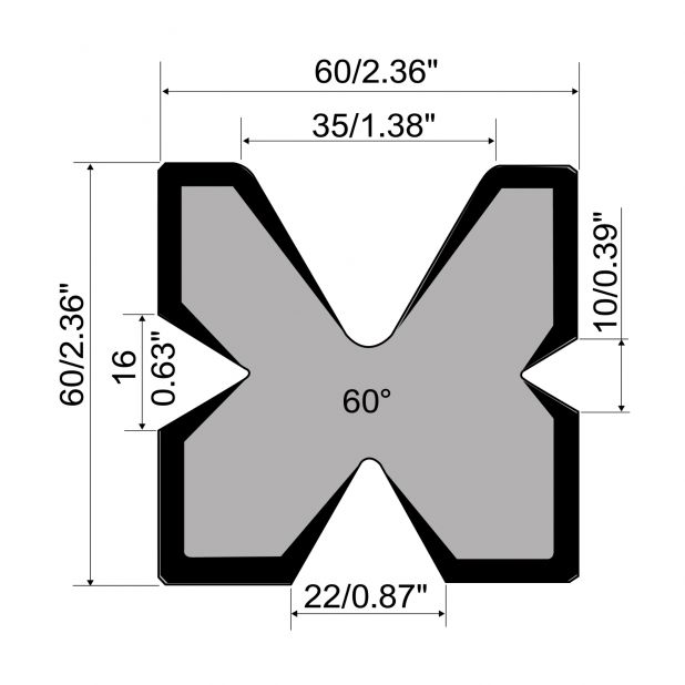 Multi-V die R1 European type with height=60mm, α=60°, Material=C45, Max. load=600kN/m.