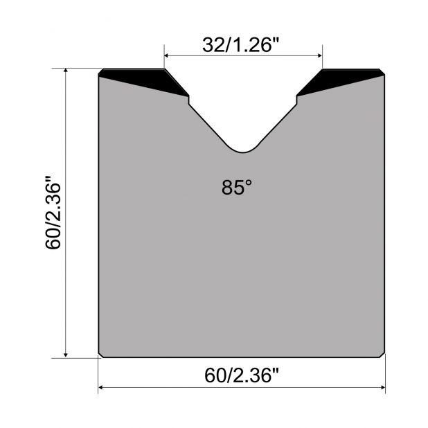 1-V die R1 European type with height=60mm, α=85°, Radius=4mm, Material=C45, Max. load=1000kN/m.