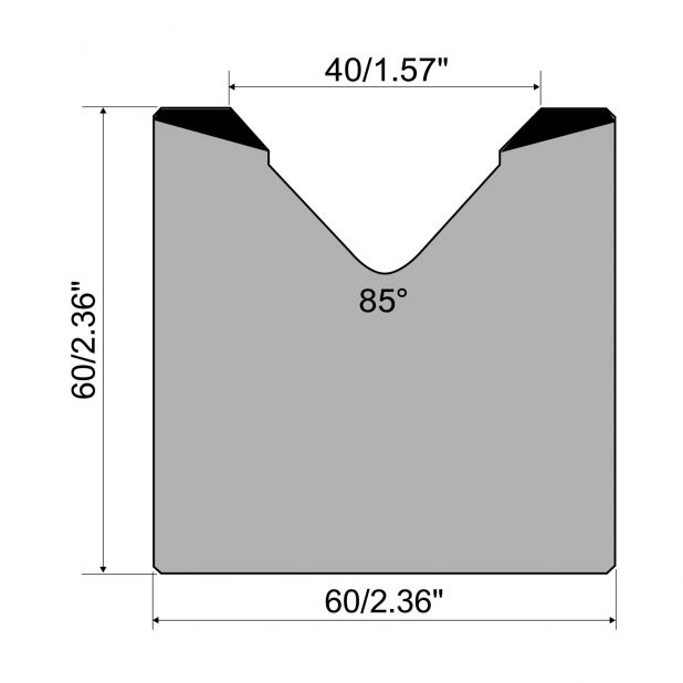 1-V die R1 European type with height=60mm, α=85°, Radius=4mm, Material=C45, Max. load=1000kN/m.