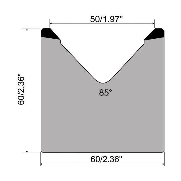 1-V die R1 European type with height=60mm, α=85°, Radius=4mm, Material=C45, Max. load=1000kN/m.