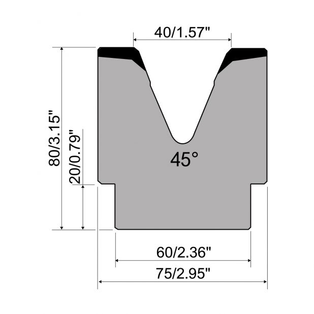 1-V die R1 European type with height=80mm, α=45°, Radius=4mm, Material=C45, Max. load=1000kN/m.