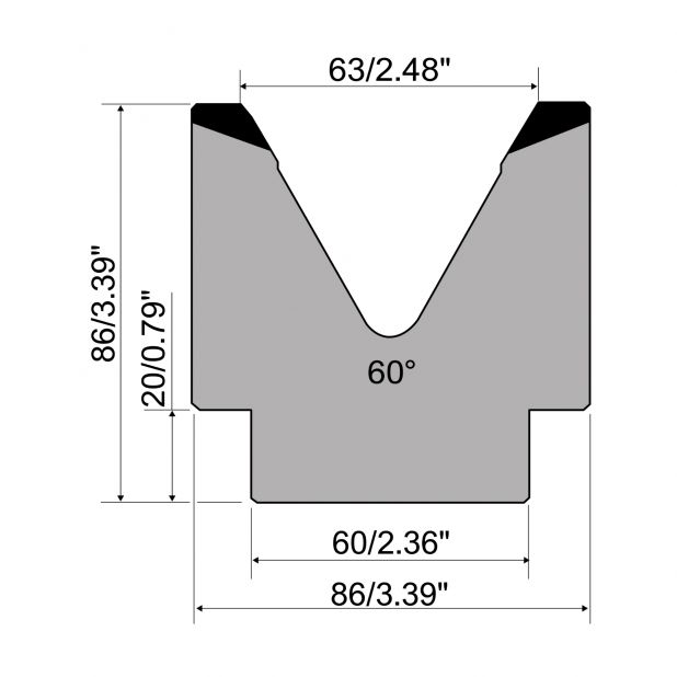 1-V die R1 European type with height=86mm, α=60°, Radius=5mm, Material=C45, Max. load=1000kN/m.