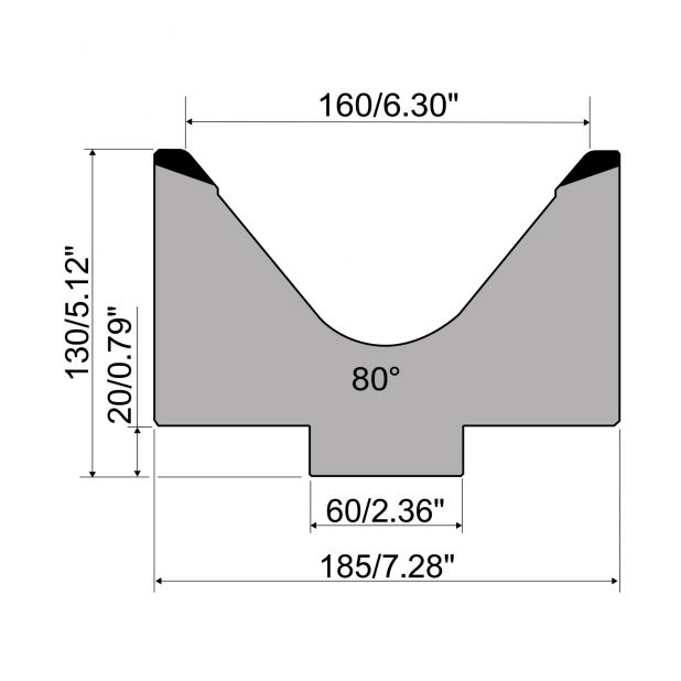 1-V die R1 European type with height=130mm, α=80°, Radius=10mm, Material=C45, Max. load=700kN/m.