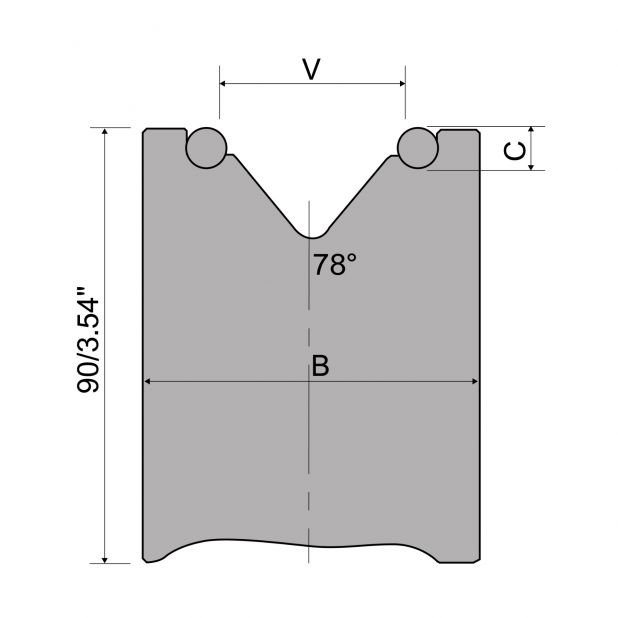 Die with rollers H=90 mm. V min. available 20 mm and V max. available 70 mm.