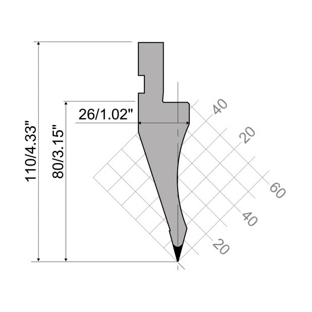 Punch R1 European type with Working height=80mm, α=30°, Radius=0,6mm, Material=C45, Max. load=500kN/m.