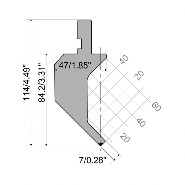 Punch R1 European type with Working height=84,2mm, α=88°, Radius=0,6mm, Material=42Cr, Max. load=200kN/m.