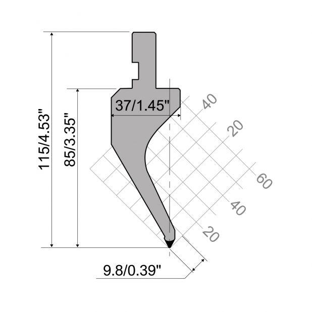 Punch R1 European type with Working height=85mm, α=60°, Radius=0,8mm, Material=42Cr, Max. load=400kN/m.