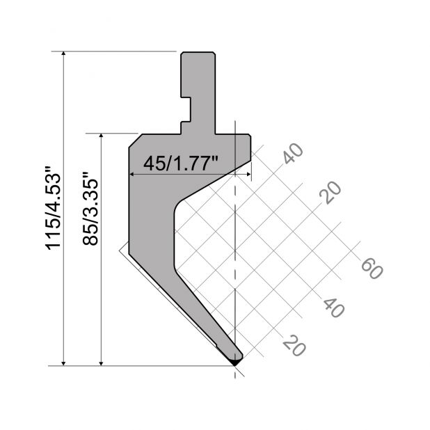 Punch R1 European type with Working height=85mm, α=88°, Radius=0,6mm, Material=42Cr, Max. load=130kN/m.