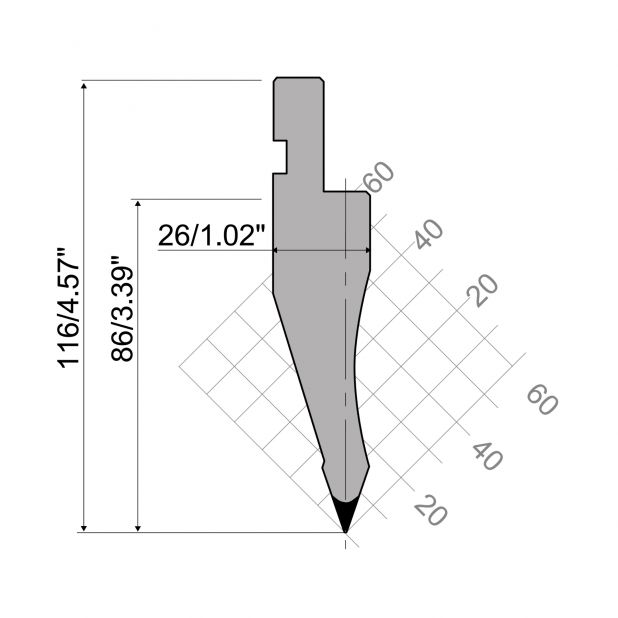 Punch R1 European type with Working height=86mm, α=35°, Radius=1,5mm, Material=C45, Max. load=700kN/m.