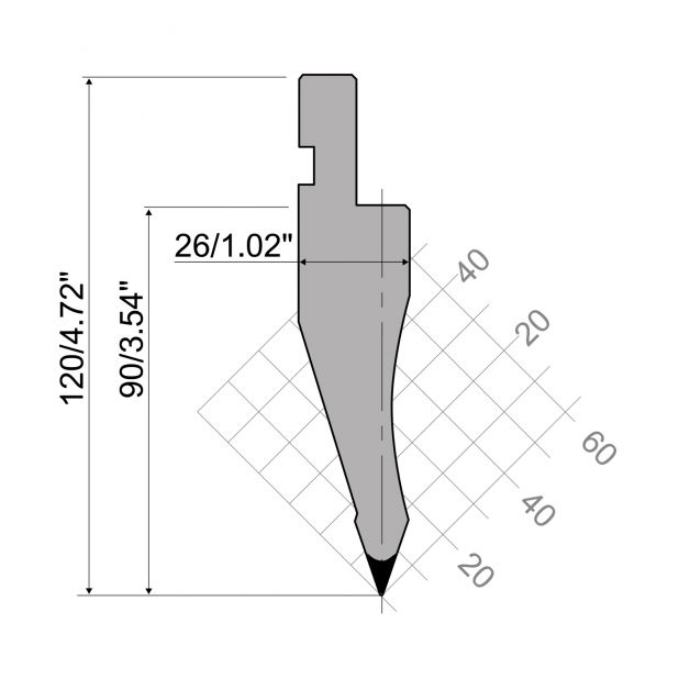 Punch R1 European type with Working height=90mm, α=35°, Radius=0,8mm, Material=C45, Max. load=700kN/m.