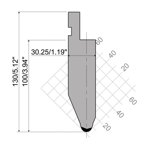 Punch R1 European type with Working height=100mm, α=45°, Radius=6mm, Material=C45, Max. load=1000kN/m.