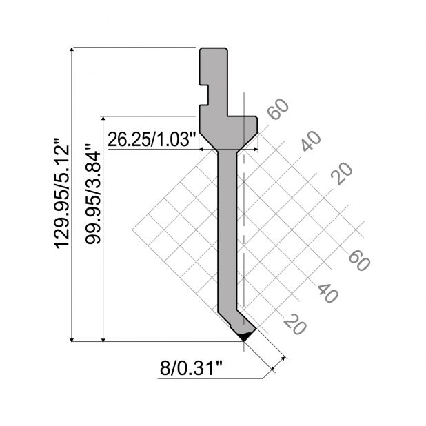 Punch R1 European type with Working height=99,95mm, α=85°, Radius=0,25mm, Material=42Cr, Max. load=350kN/m.