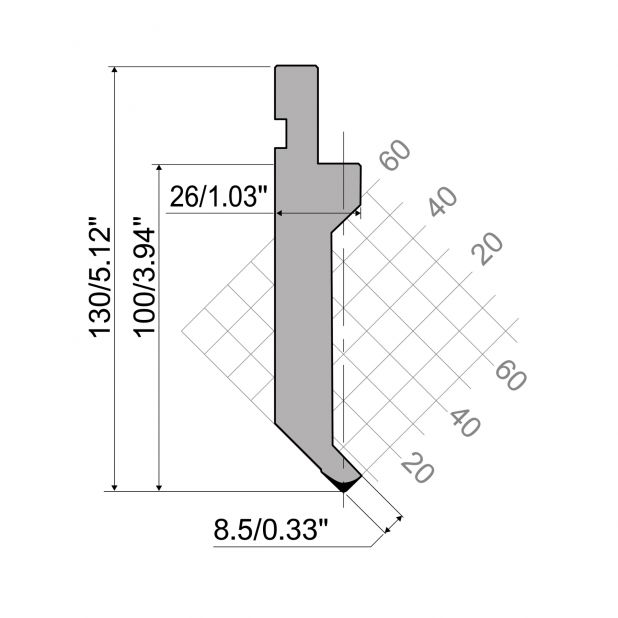 Punch R1 European type with Working height=100mm, α=85°, Radius=0,8mm, Material=42Cr, Max. load=700kN/m.