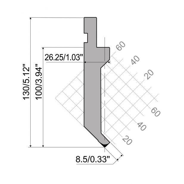 Punch R1 European type with Working height=100mm, α=88°, Radius=0,25mm, Material=C45, Max. load=400kN/m.