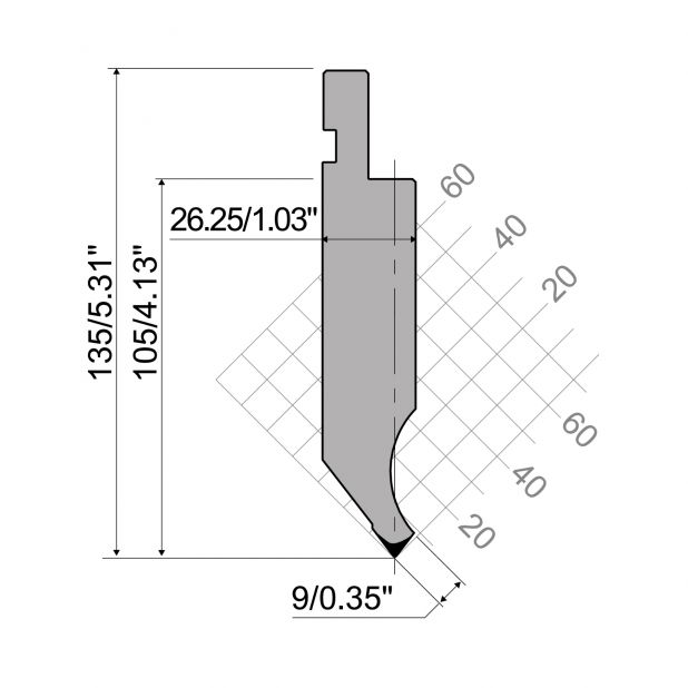 Punch R1 European type with Working height=105mm, α=75°, Radius=0,8mm, Material=42Cr, Max. load=1000kN/m.