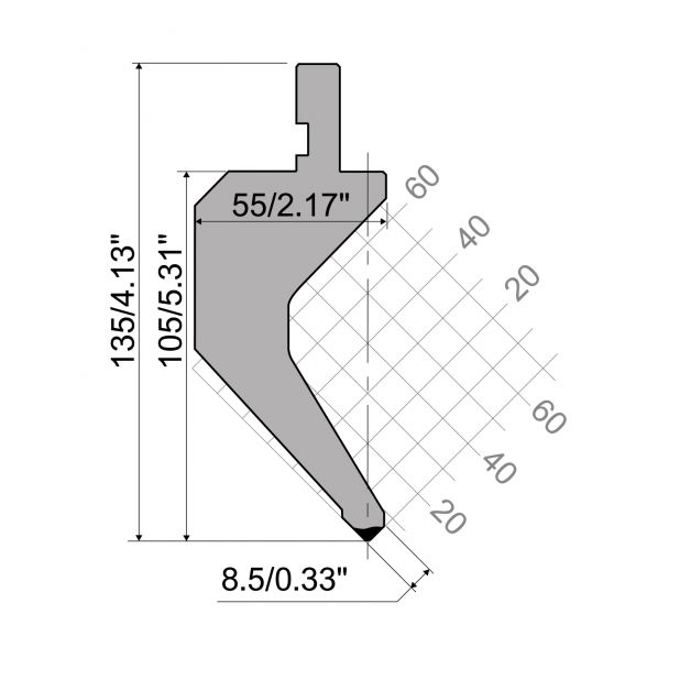 Punch R1 European type with Working height=105mm, α=85°, Radius=0,8mm, Material=42Cr, Max. load=800kN/m.