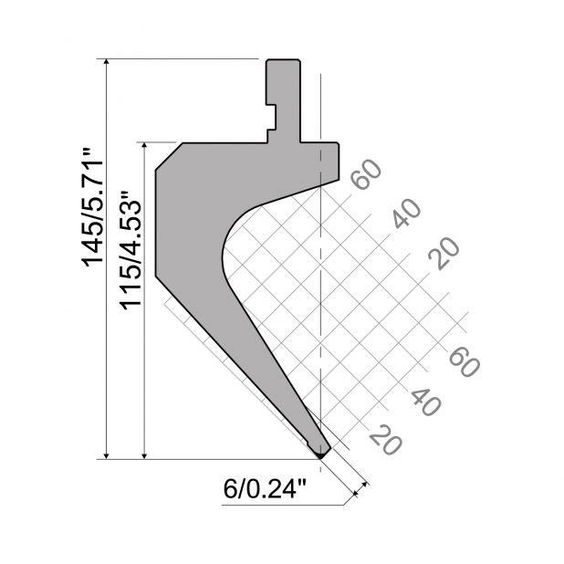 Punch R1 European type with Working height=115mm, α=85°, Radius=0,8mm, Material=42Cr, Max. load=600kN/m.