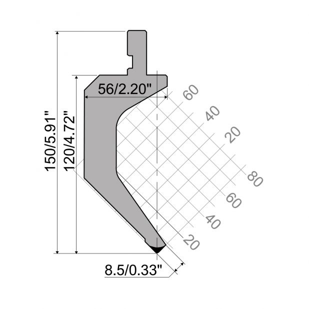 Punch R1 European type with Working height=120mm, α=88°, Radius=0,8mm, Material=42Cr, Max. load=500kN/m.