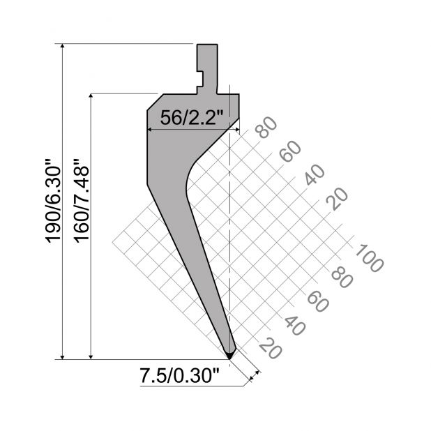 Punch R1 European type with Working height=160mm, α=60°, Radius=0,8mm, Material=C45, Max. load=400kN/m.