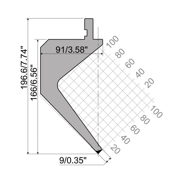 Punch R1 European type with Working height=166,6mm, α=88°, Radius=0,6mm, Material=C45, Max. load=300kN/m.