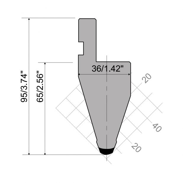 Punch R1 European type with Working height=65mm, α=35°, Radius=5mm, Material=C45, Max. load=1000kN/m.