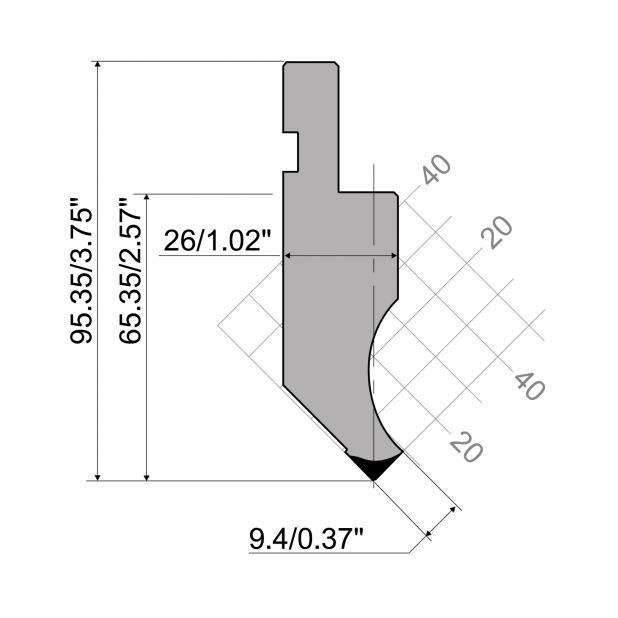 Punch R1 European type with Working height=65,35mm, α=88°, Radius=3mm, Material=C45, Max. load=1000kN/m.