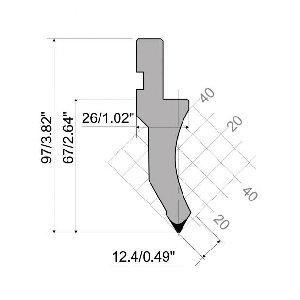 Punch R1 European type with Working height=67mm, α=60°, Radius=2mm, Material=C45, Max. load=600kN/m.