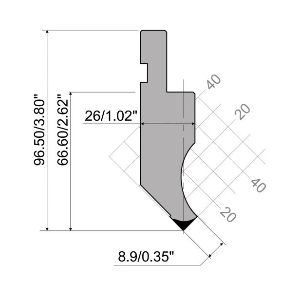 Punch R1 European type with Working height=66,6mm, α=85°, Radius=0,8mm, Material=C45, Max. load=1000kN/m.