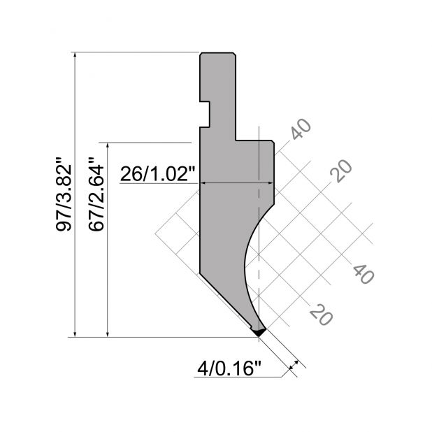 Punch R1 European type with Working height=66,95mm, α=88°, Radius=0,25mm, Material=42Cr, Max. load=350kN/m.