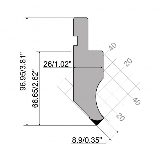 Punch R1 European type with Working height=66,6mm, α=88°, Radius=0,25mm, Material=C45, Max. load=1000kN/m.