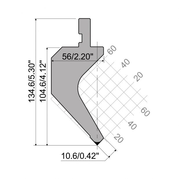 Punch R1 European type with Working height=104,6mm, α=85°, Radius=0,8mm, Material=C45, Max. load=500kN/m.