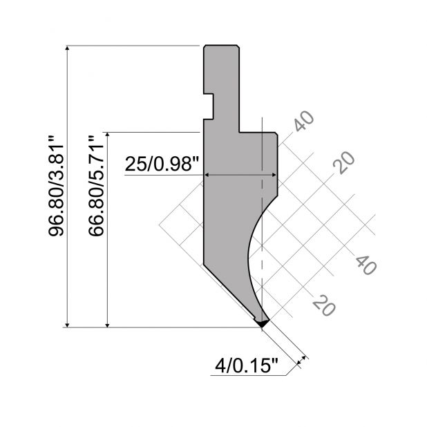 Punch R1 European type with Working height=66,8mm, α=90°, Radius=0,25mm, Material=C45, Max. load=1000kN/m.