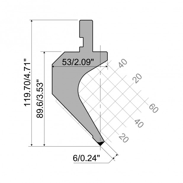 Punch R1 European type with Working height=89,7mm, α=88°, Radius=0,8mm, Material=C45, Max. load=450kN/m.